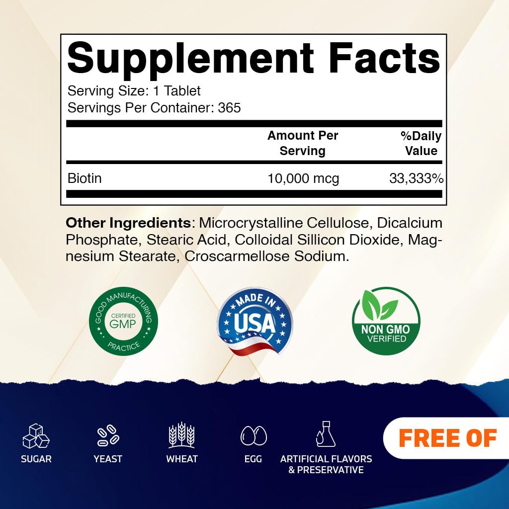 Vitamatic Biotin 10,000 mcg (10 mg) for Stronger Hair, Skin & Nails - 365 Vegan Tablets- Also Called Vitamin B7 (Pack of 2)