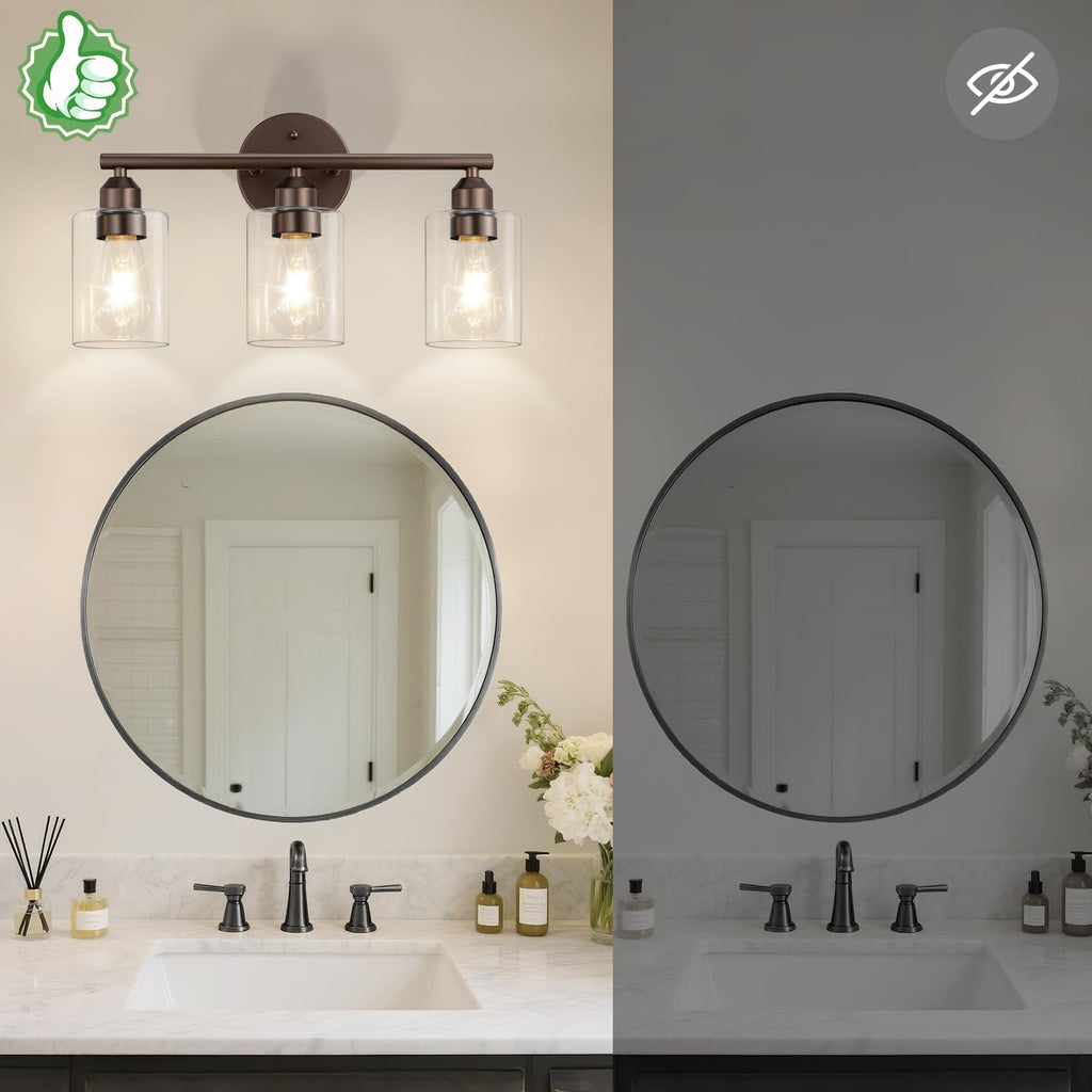 Percantis 3-Light Bathroom Vanity Light Fixture, Modern Wall Lamp for Mirror with Clear Glass Shade (D-Clear Glass & Brown)