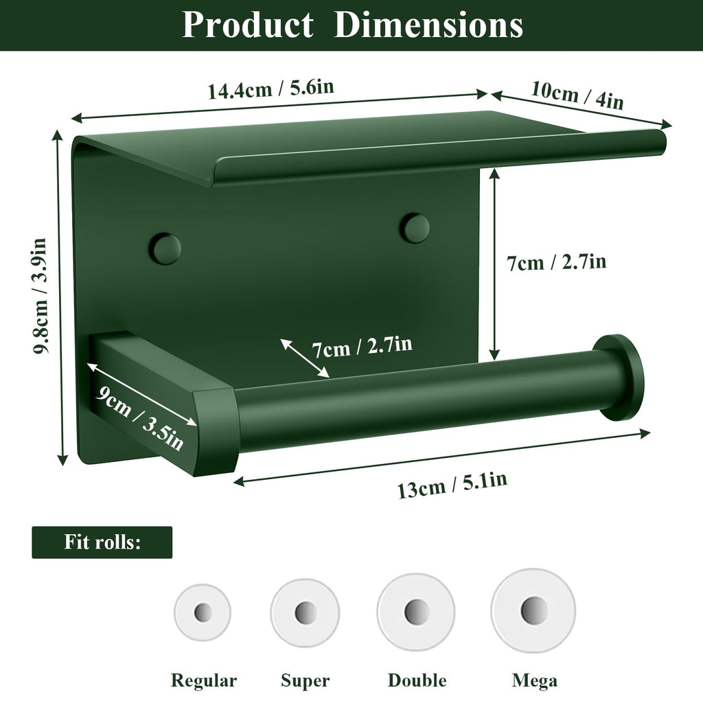 Tindbea Toilet Paper Holder with Shelf Adhesive or Screw Wall Mounted Toilet Paper Roll Dispenser Storage, Stainless Steel Bathroom Shelf Holder Accessories (Forest Green)