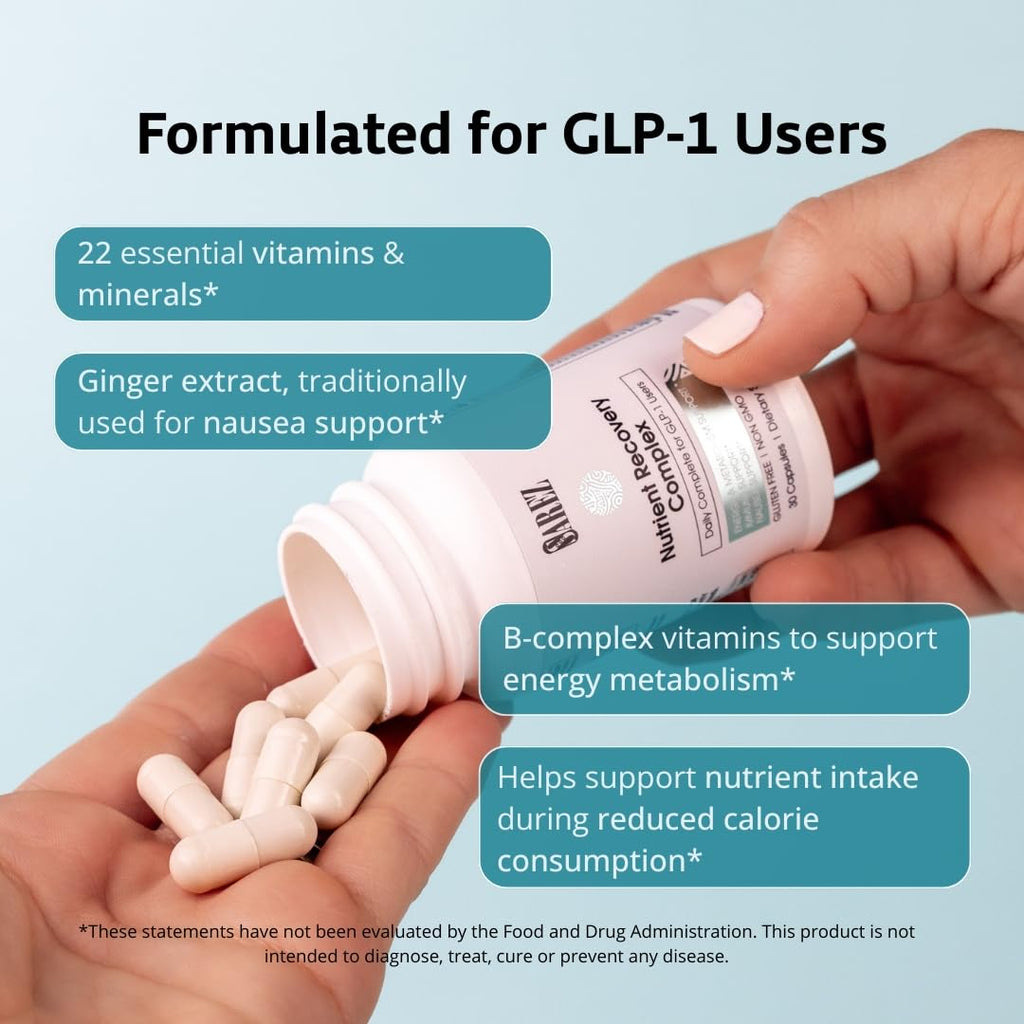 Sarez GLP-1 Daily Nutrient Support Capsules — Methylated Vitamins & Chelated Minerals — Energy, Metabolism, Digestion & Hair Support — with Ginger for Nausea — Gentle on Stomach — 30 Day Supply
