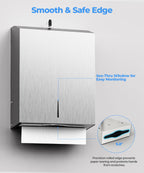 Paper Towel Dispenser Wall Mount, Brushed Stainless Steel Commercial Paper Towel Holder with Lock for Multifold/Trifold Towels, Large Capacity for Bathrooms & Public Places