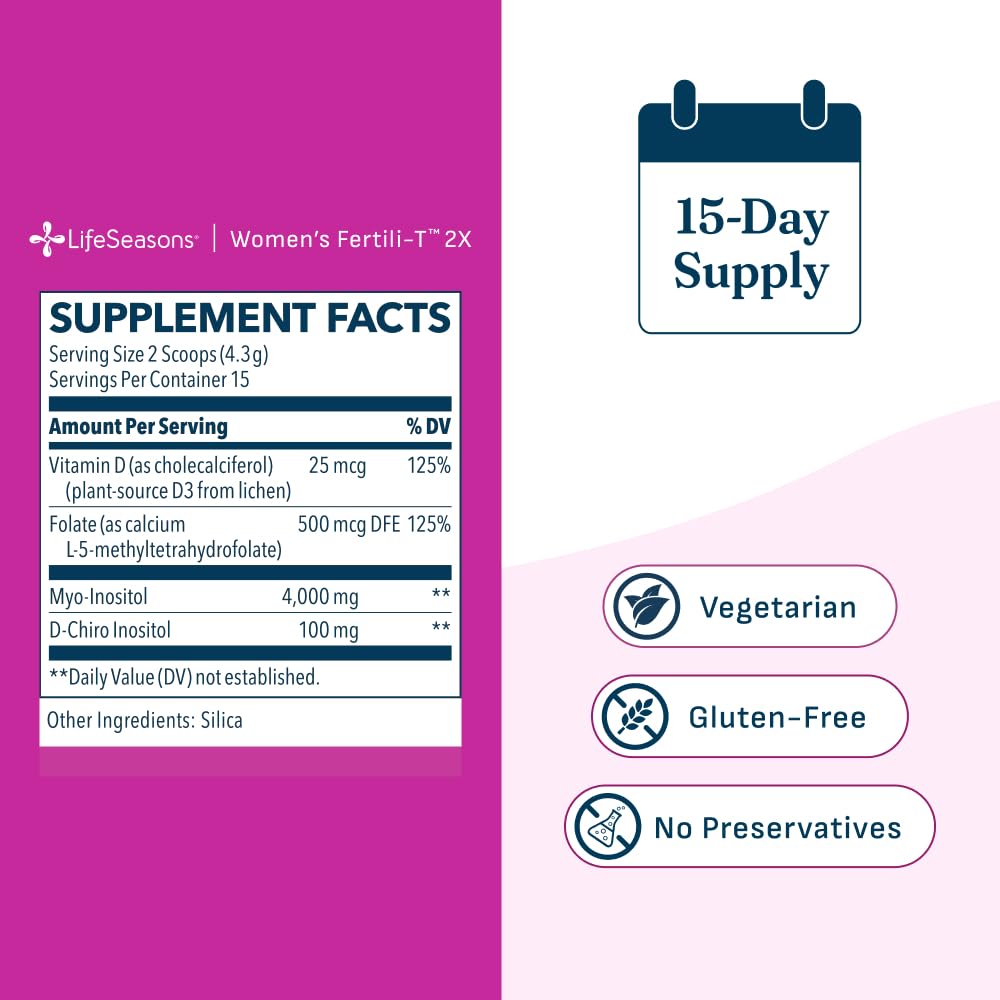 LifeSeasons Fertili-T 2X Powder – Myo & D-Chiro Inositol (40:1) Ovarian Support Supplement – Unflavored Daily Drink Mix with Methylated Folate & Vitamin D – Hormone Balance & Fertility Boost - 64.4g
