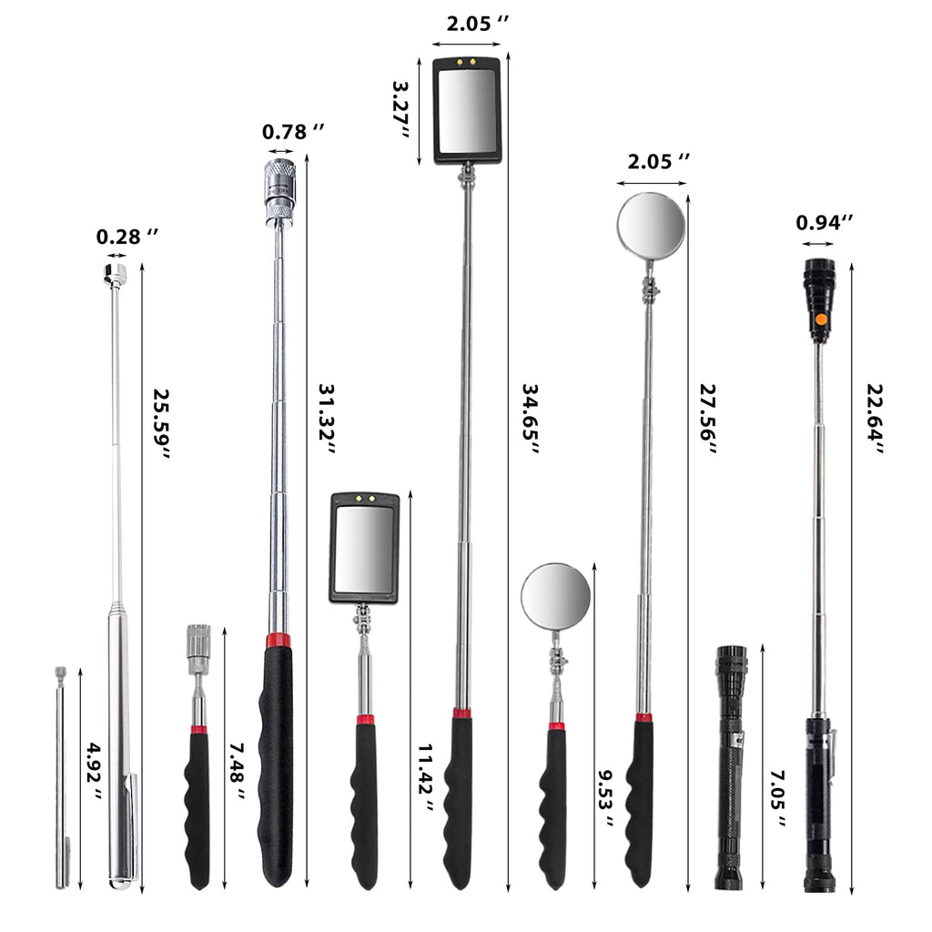 Telescoping Magnetic Pick Up Tool with 1lb& 15lb Pickup Rod, Round& Square 360 Swivel Adjustable Inspection Mirror, Flexible LED Flashlight, Fathers Day Dad Gifts, Birthday Gifts for Men Women Him