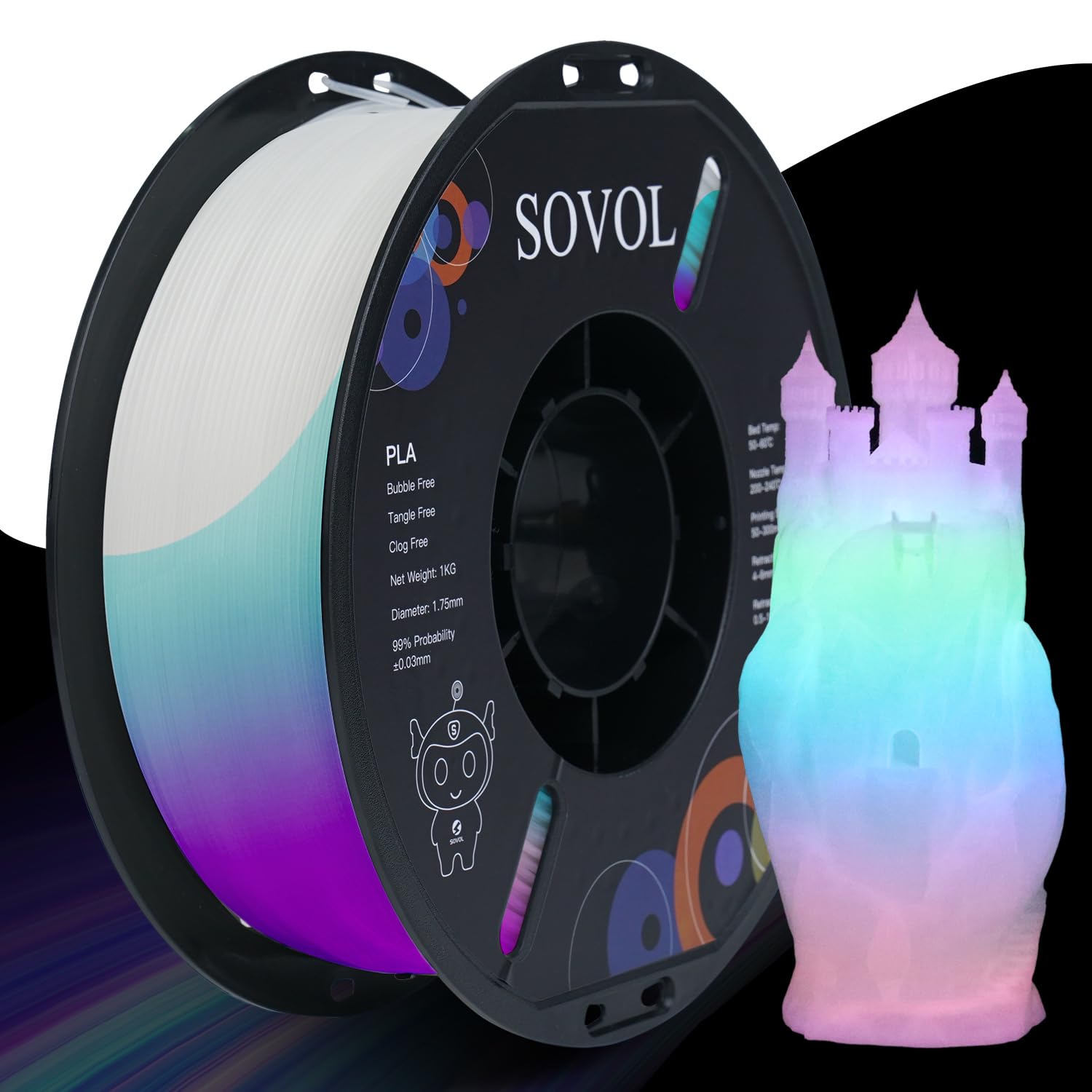 Sovol 3D Printer Glow in The Dark Filament Gradient Multicolor Fast Change PLA 1kg (2.2 lbs) Spool 3D Printing Materials, Dimensional Accuracy +/- 0.03 mm, 1.75 mm, Glow Multicolored