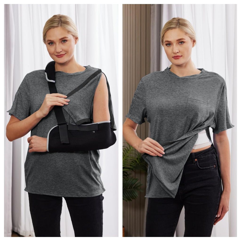 Deyeek Shoulder Surgery Shirts for Men Side Snap Short Sleeves Tear Away Shirts Rotator Cuff Dialysis Recovery Chemo Shirts
