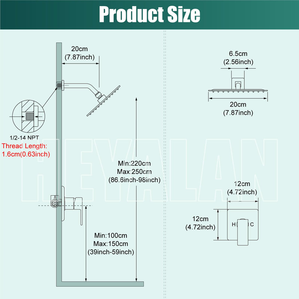 Heyalan Shower Faucet Set with Valve, Bathroom Rainfall Shower System, Wall Mount Single Handle Shower Trim Kit, Rainfall Fixed Shower Head, 8 Inch Square Shower Head, Matte Black