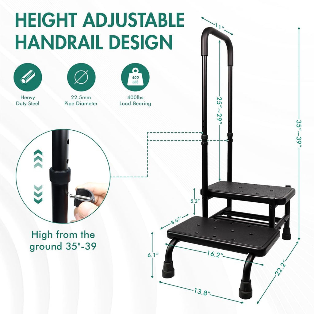 Gyykzz 2 Step Stool with Handle and Non-Slid Platform, Medical Step Stool with Adjustable Handrail for Adults, Seniors and Handicap, Heavy Duty Multifunctional Stepping Ladder Holds up to 400LBS