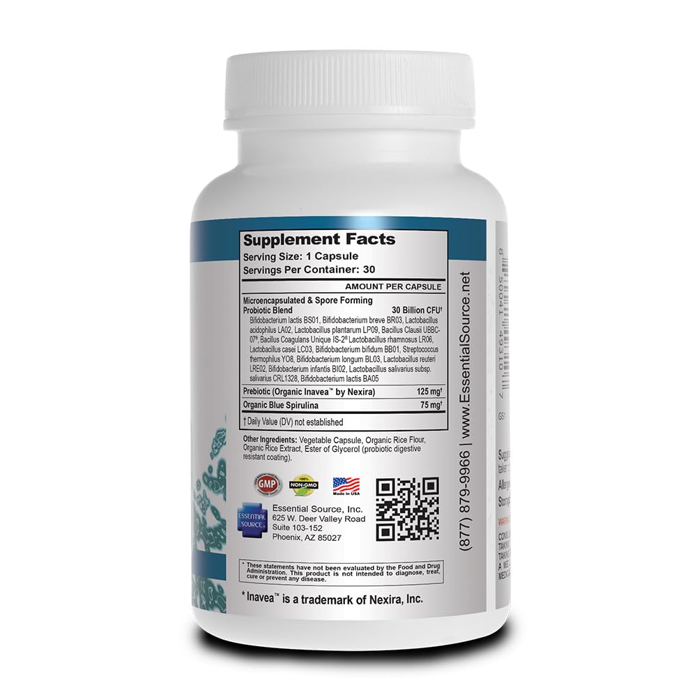 Essential Source TriActive Biotics for Men - Probiotic Capsules, 30 Billion CFU with Prebiotics & Blue Spirulina, Shelf Stable, Allergen Free, Digestive & Immune Support, 30 Count