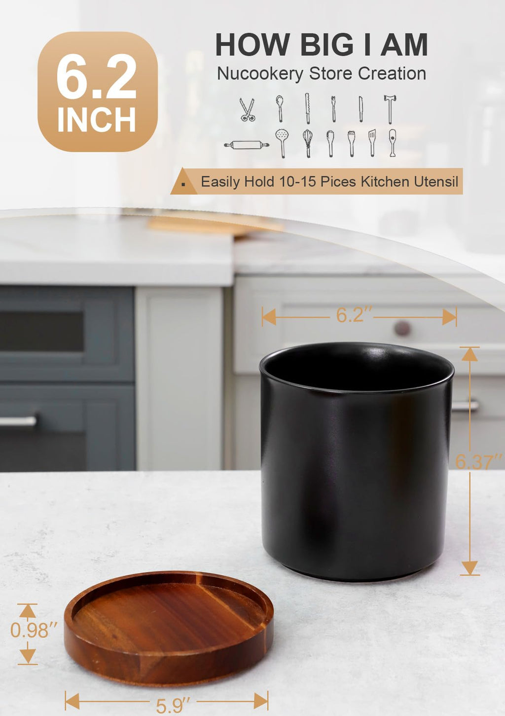 Ceramic Rotating Kitchen Utensil Holder for Countertop, 7.2'' Stone Black