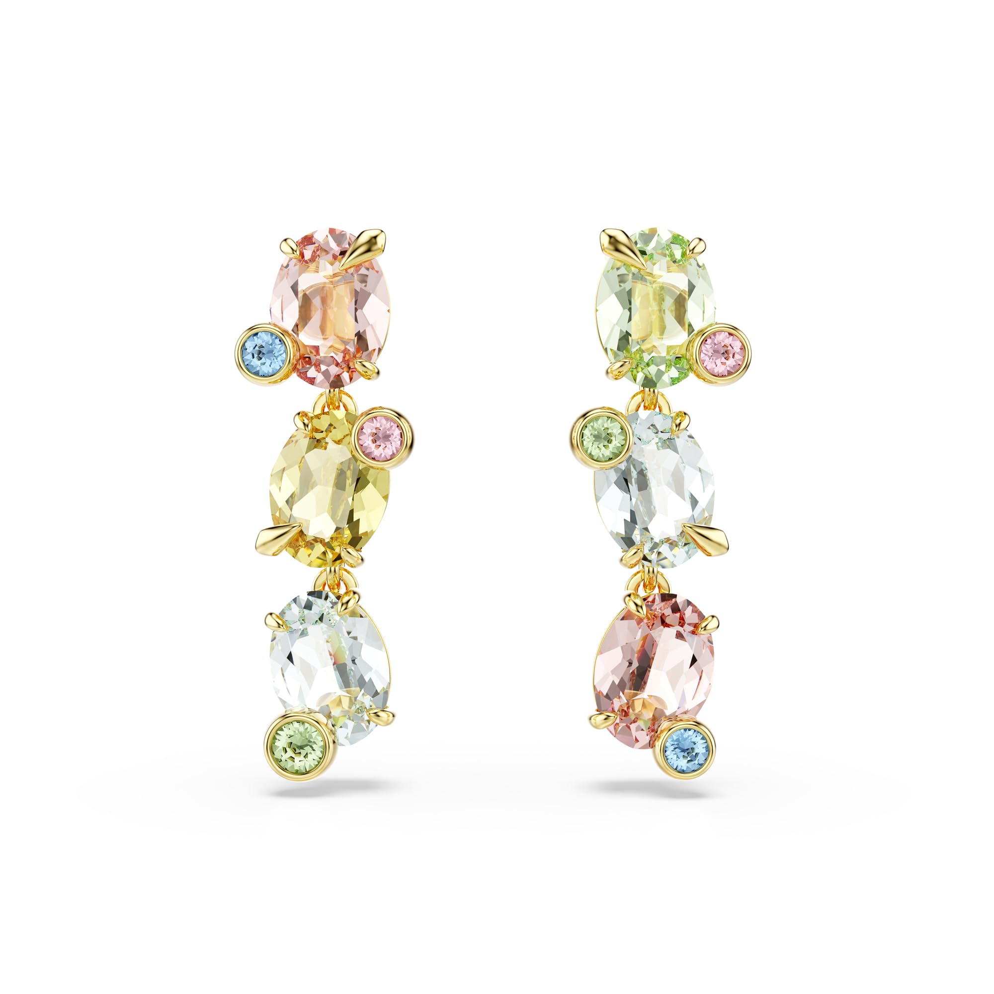 Swarovski Gema drop earrings, Asymmetrical design, Mixed cuts, Multicolored, Gold-tone finish