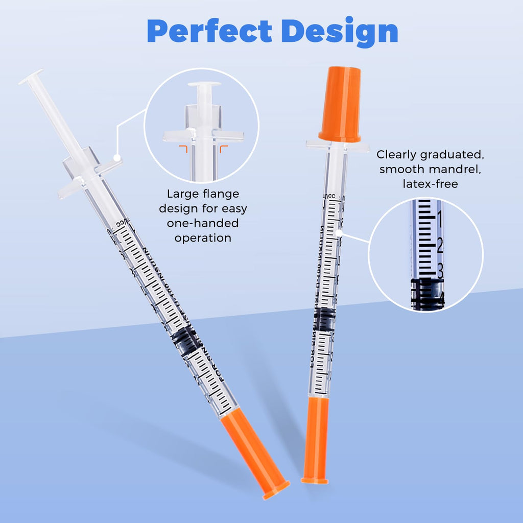 Insulin Syringe with Needle, 30G 5/16"(8mm) 0.5cc Inch, Individually Wrapped, Pack of 100