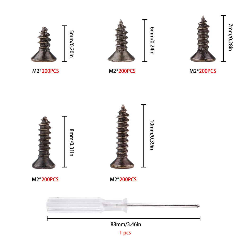 Roosea 1000 Pcs M2 Small Hinge Wood Screws 5/6/7/8/10 mm Tiny Flat Head Cross Bronze Small Screws with Screwdriver for DIY Hinge Dollhouse Drawer Accessories（Bronze