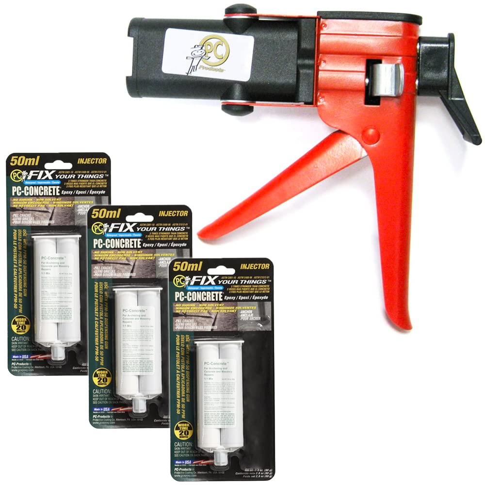 PC Products PC-Concrete Epoxy Adhesive Paste Kit, Two-Part with Dispensing Gun and 3-Pack of 50ml Cartridges, 73524, Gray