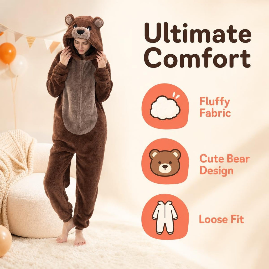 COSUSKET Snug Fit Unisex Adult Onesie Pajamas, Sherpa Bear Animal One Piece Halloween Costume Sleepwear Homewear