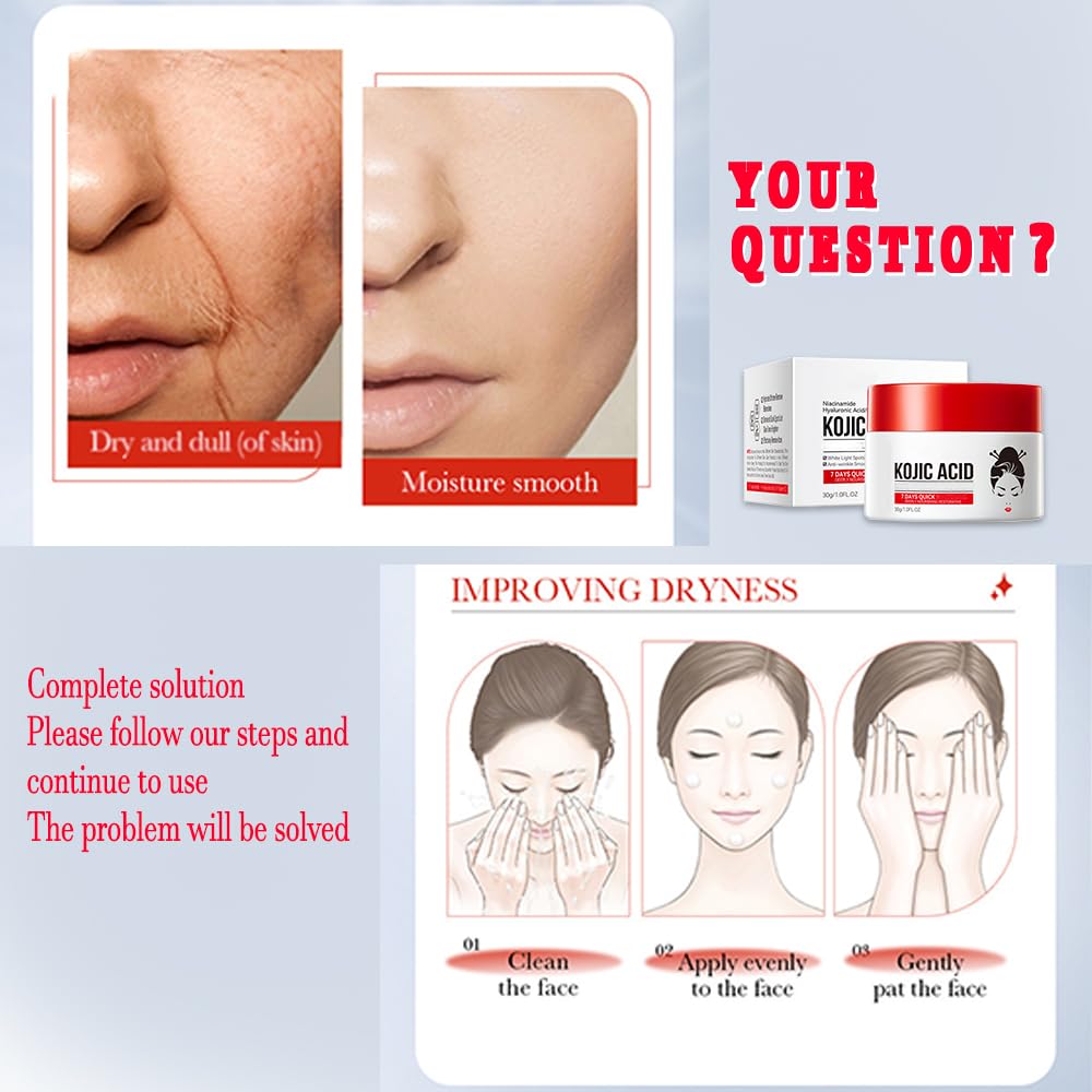 Kojic Acid Cream, Face and Body Gel, Dark Spots, Melasma, Natural Ingredients, Moisturizing and Mild Effect (2pcs acido kojico)