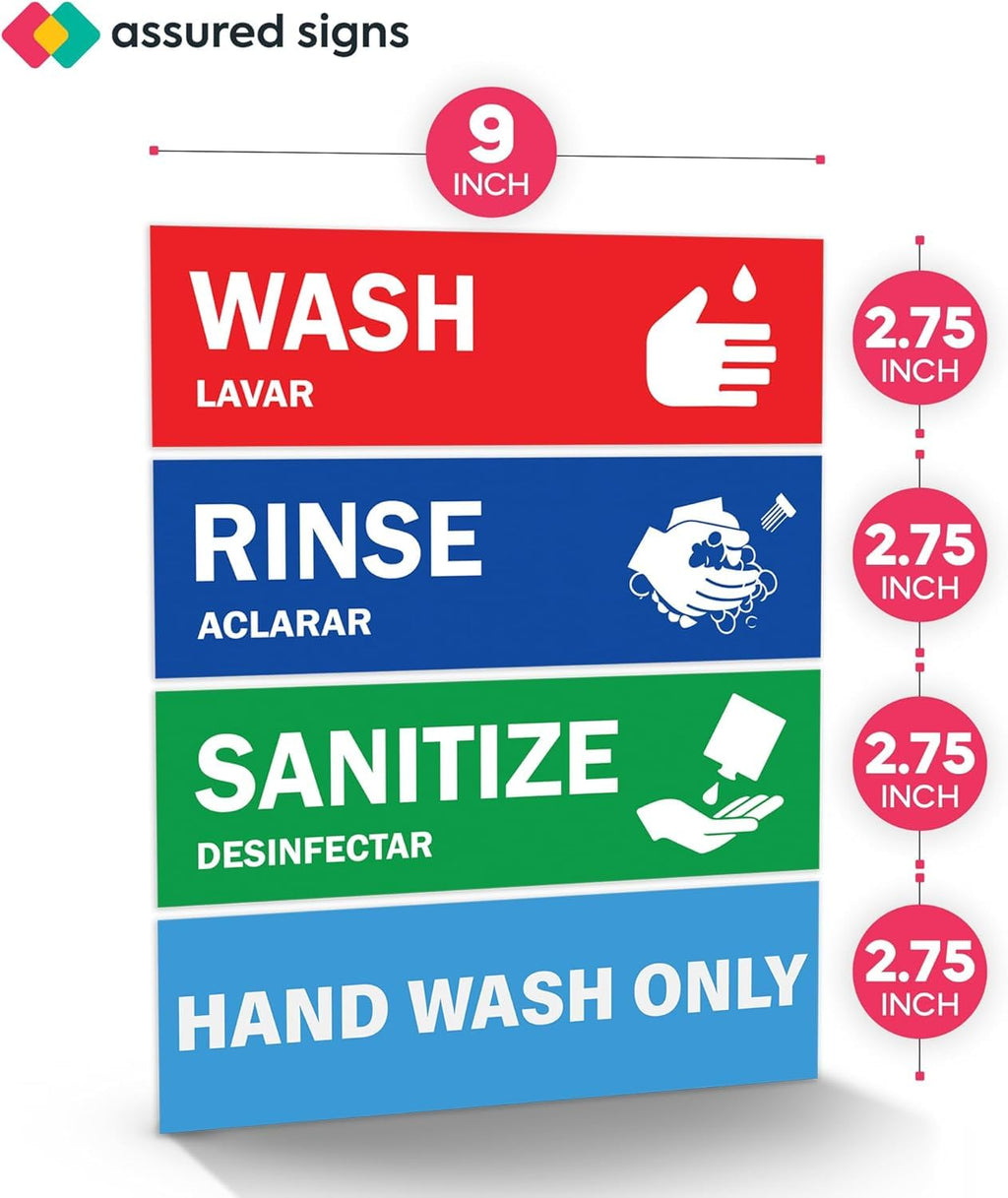 ASSURED SIGNS Wash Rinse Sanitize Sink Labels - 2.75" x 9" - 10 Pack - 3 Compartment Sink Stickers - Includes Hand Wash Only Sign - Bilingual English Spanish - For Restaurant Food Truck Commercial Kitchen