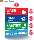 ASSURED SIGNS Wash Rinse Sanitize Sink Labels - 2.75" x 9" - 10 Pack - 3 Compartment Sink Stickers - Includes Hand Wash Only Sign - Bilingual English Spanish - For Restaurant Food Truck Commercial Kitchen