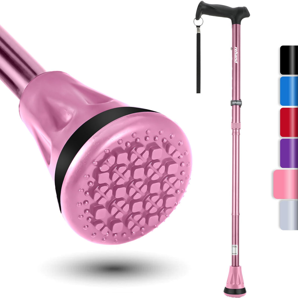 REHAND Walking Cane - Foldable, Adjustable, Collapsible Walking Canes for Men & Women, Heavy Duty All Terrain Tip, with Travel Bag | Walking Sticks for Seniors & Adults [Pink]