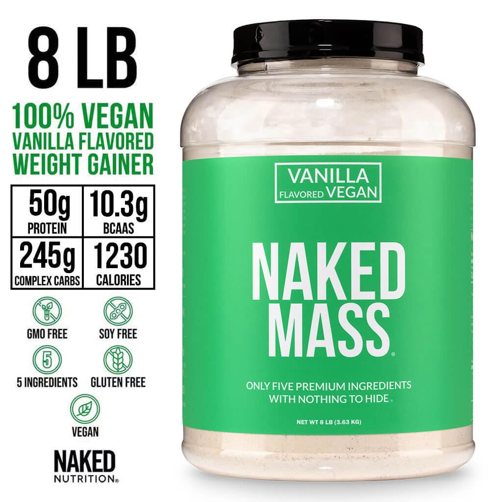 NAKED Vegan Mass - Vanilla Vegan Weight Gainer - 1,230 Calories, NSF Certified, Non-GMO, Soy & Gluten Free, No Artificial Ingredients - 8LB Bulk - 11 Servings