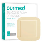 Ourmed Silicone Foam Dressing with Border Adhesive - Large Absorbent Waterproof Bandage for Wound Care, Foot Diabetic Ulcer, Leg Ulcer, 6" x 6", 5 Pack