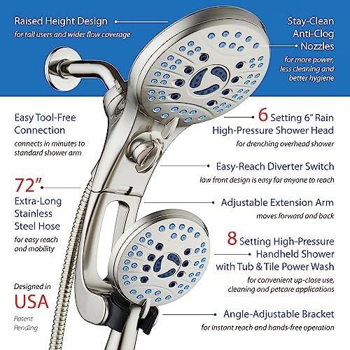 Hotel Spa AquaCare As-Seen-On-TV High Pressure Handheld/Rain 50-mode 3-way Shower Head Combo with Adjustable Arm - Anti-clog Nozzles, Tub & Pet Power Wash, 6 ft. Stainless Steel Hose, Nickel Finish