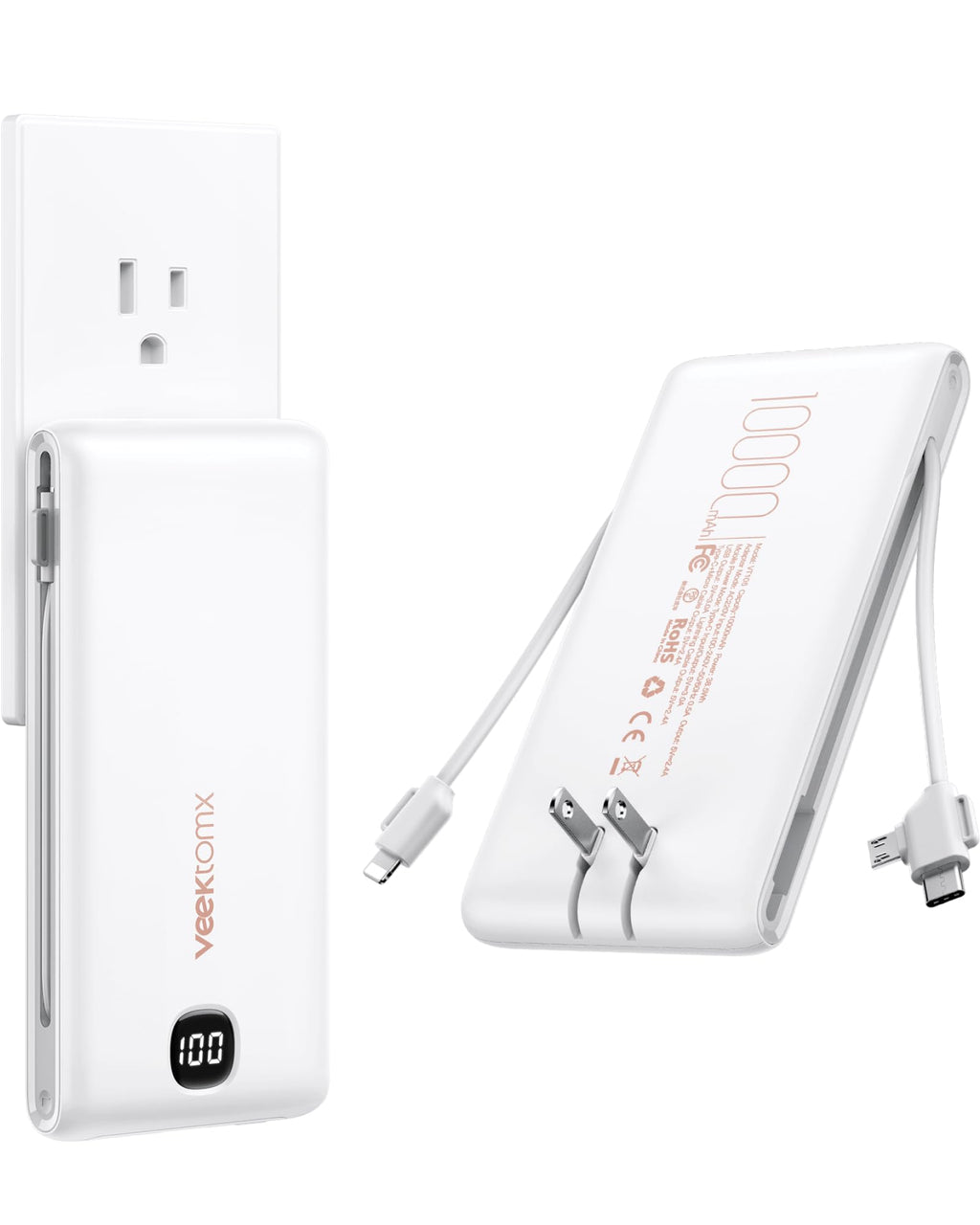 VEEKTOMX Portable Charger with Built-in Cables and AC Wall Plug, 10000mAh