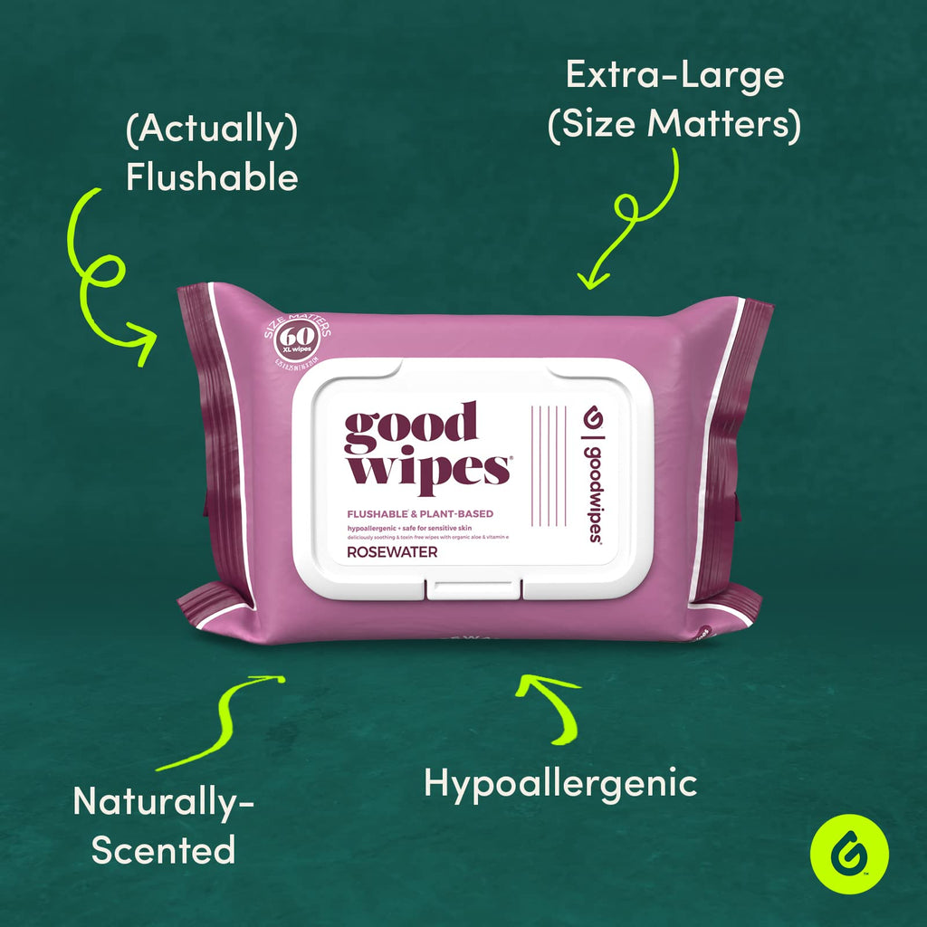 goodwipes Flushable Butt Wipes Made with Vitamin E & Aloe - Soft & Gentle Wet Wipe Dispenser for Home Use, Septic & Sewer Safe - Largest Adult Toilet Towelettes - Rosewater, 360 Count (6 Packs)