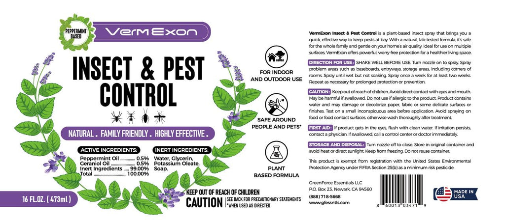 VermExon Peppermint Oil Insect & Pest Control Spray – 16oz Natural Plant-Based Bug Killer for Spiders, Ants, Flies, and Other Insects, Safe for Home & Kitchen Use