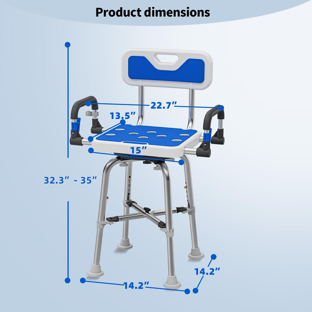 Swive Shower Chair with Arms and Back Heavy Duty 500 lbs for Seniors Elderly Disabled or Bariatric Adults Bench Seat for Inside Shower Stall and Bathroom Bath Tub Seats Adjustable Stool