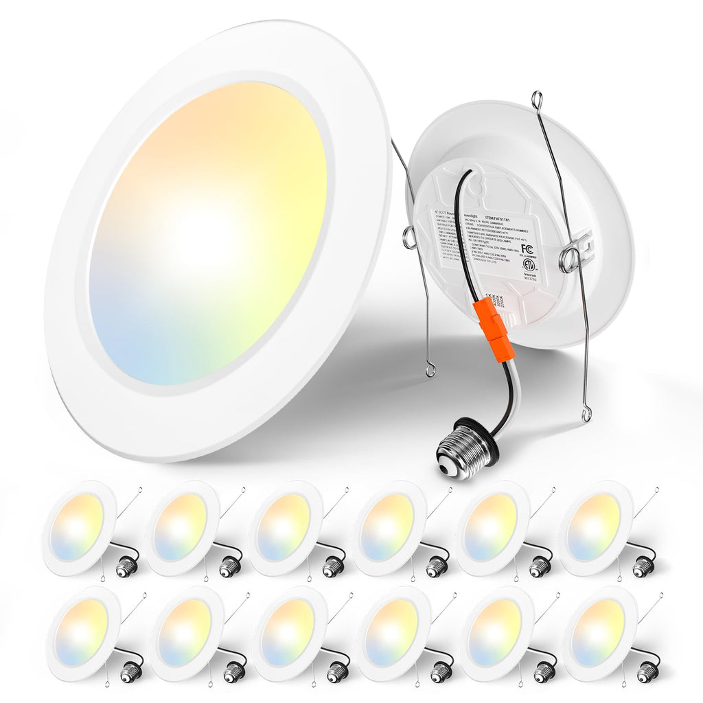 Amico Recessed Lighting 5/6 Inch, 12 Pack 5CCT Flat LED Can Lights, 2700K/3000K/4000K/5000K/6000K Selectable,12W Eqv 110W, 1050LM Brightness, Retrofit Installation - ETL & FCC, White