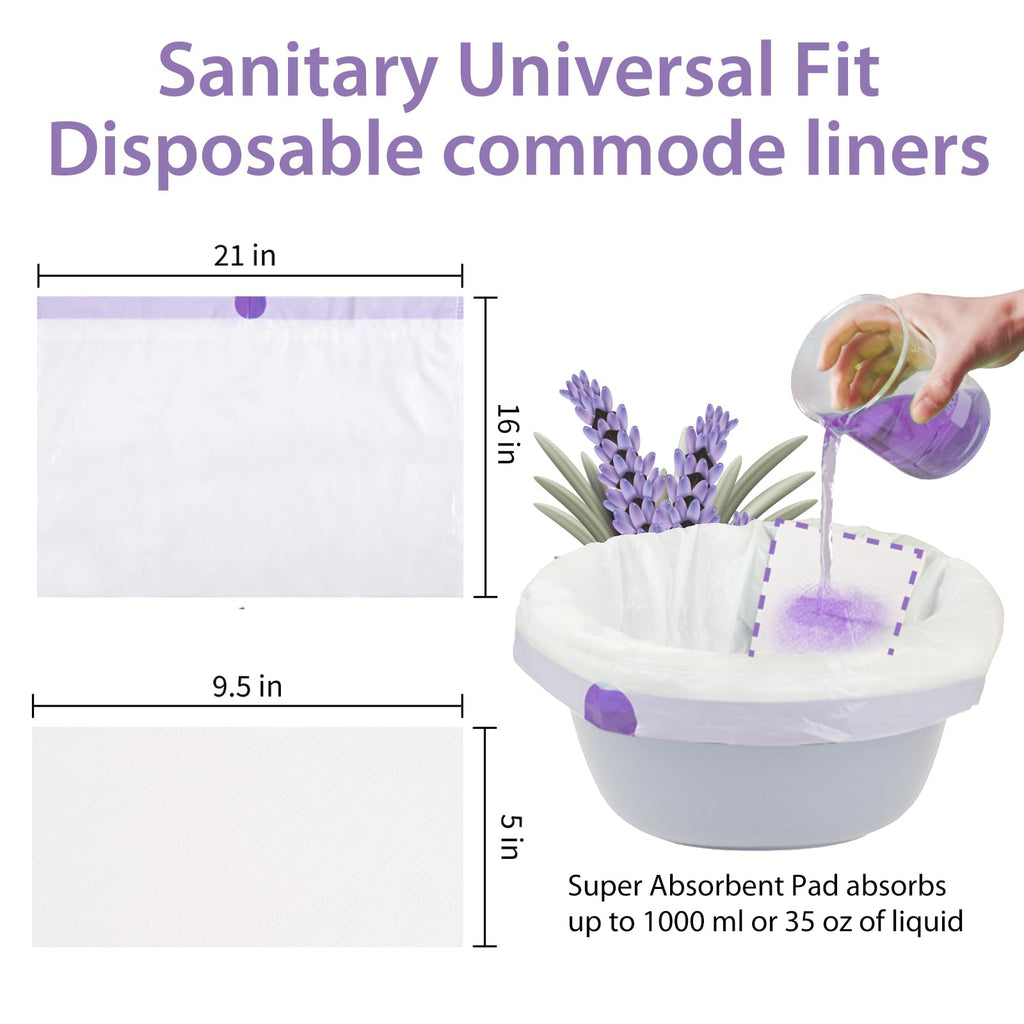 Commode Liners with Absorbent Pads for Bedside Commode, 100 Lavender Scented Commode Liners and Pads, Potty Bags for Portable Toilet, Potty Chair Liners, Commode Toilet ＆ Camping Toilet Bags
