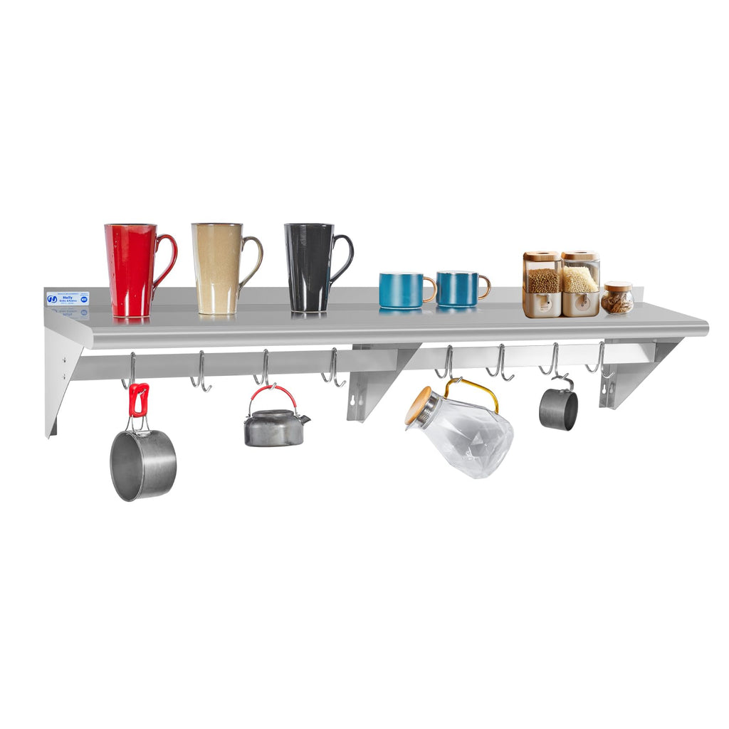 Hally Stainless Steel Shelf with 8 Hooks 14" x 60" Wall Mounted Pot Rack 400lb, NSF Commercial Floating Shelving for Storage Hanging Pots, Pans, cookware in Restaurant, Kitchen, Home and Hotel