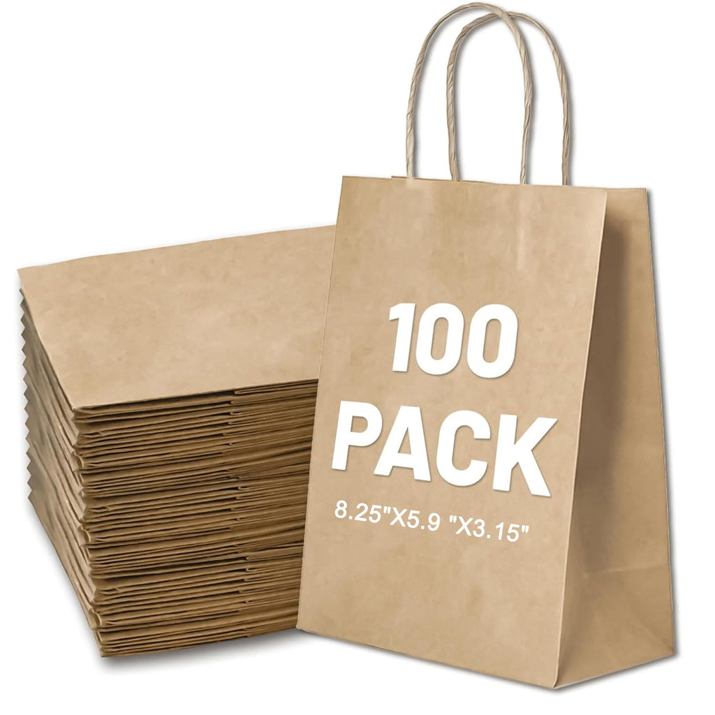 LIHOMR Gift Bags 5.9"x3.15"x8.25" 100pcs Brown Kraft Paper Bag with Handles
