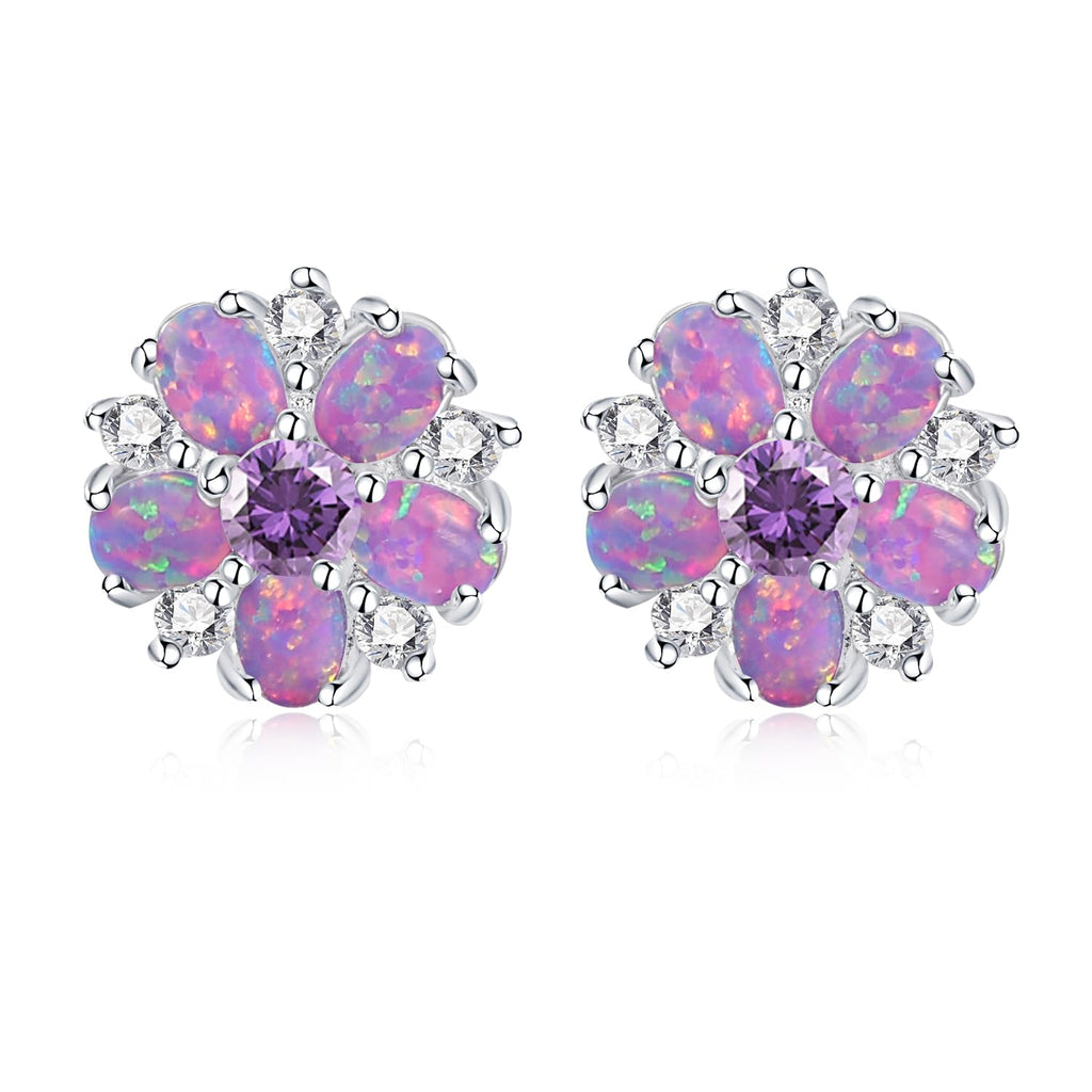 CiNily Flower Earrings Silver Plated Purple Opal Stud Earrings for Women