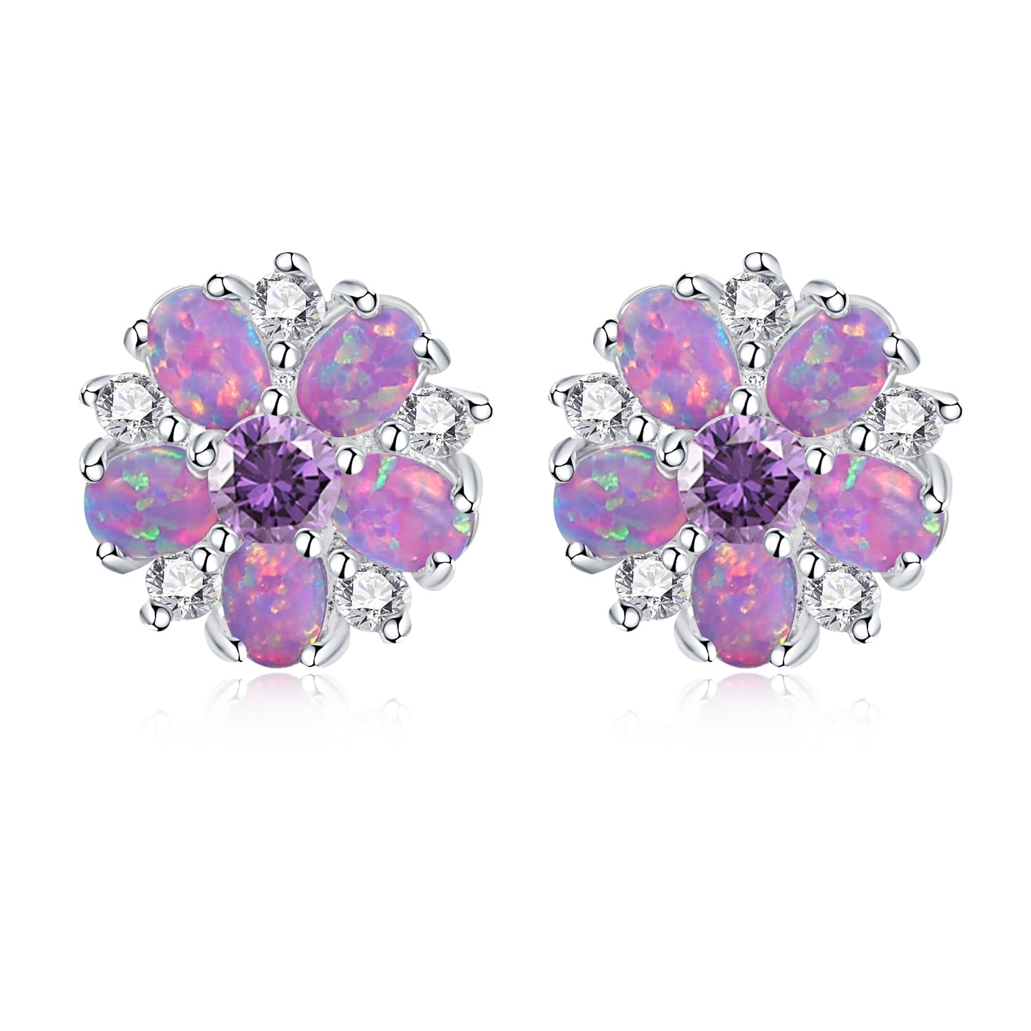 CiNily Flower Earrings Silver Plated Purple Opal Stud Earrings for Women