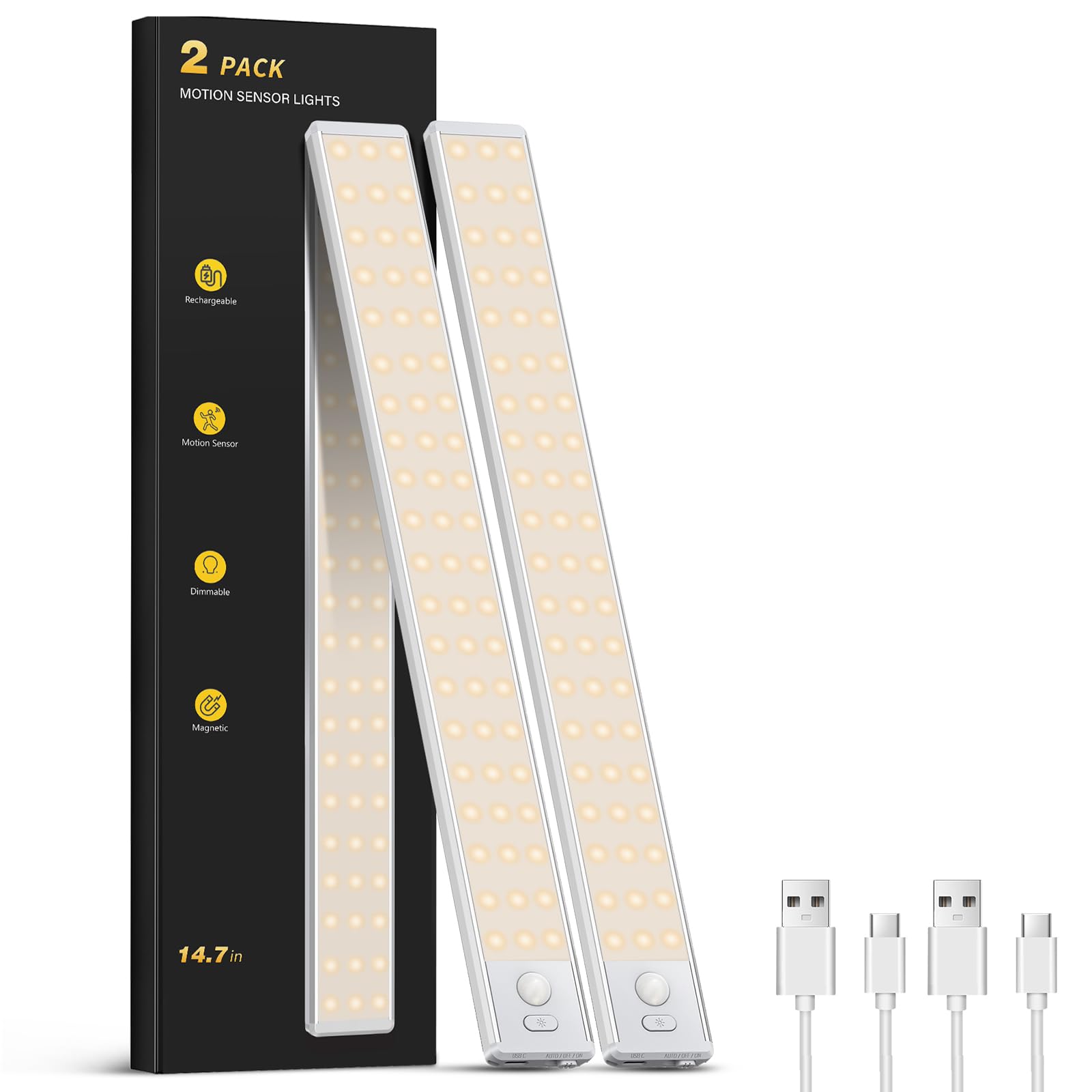 Under Cabinet Lighting - 14.7" Motion Sensor Light Indoor, Magnetic Wireless Closet Lights, Dimmable Led Night Light, Rechargeable Under Counter Lights for Kitchen, Bedroom, Stair, 2 Pack