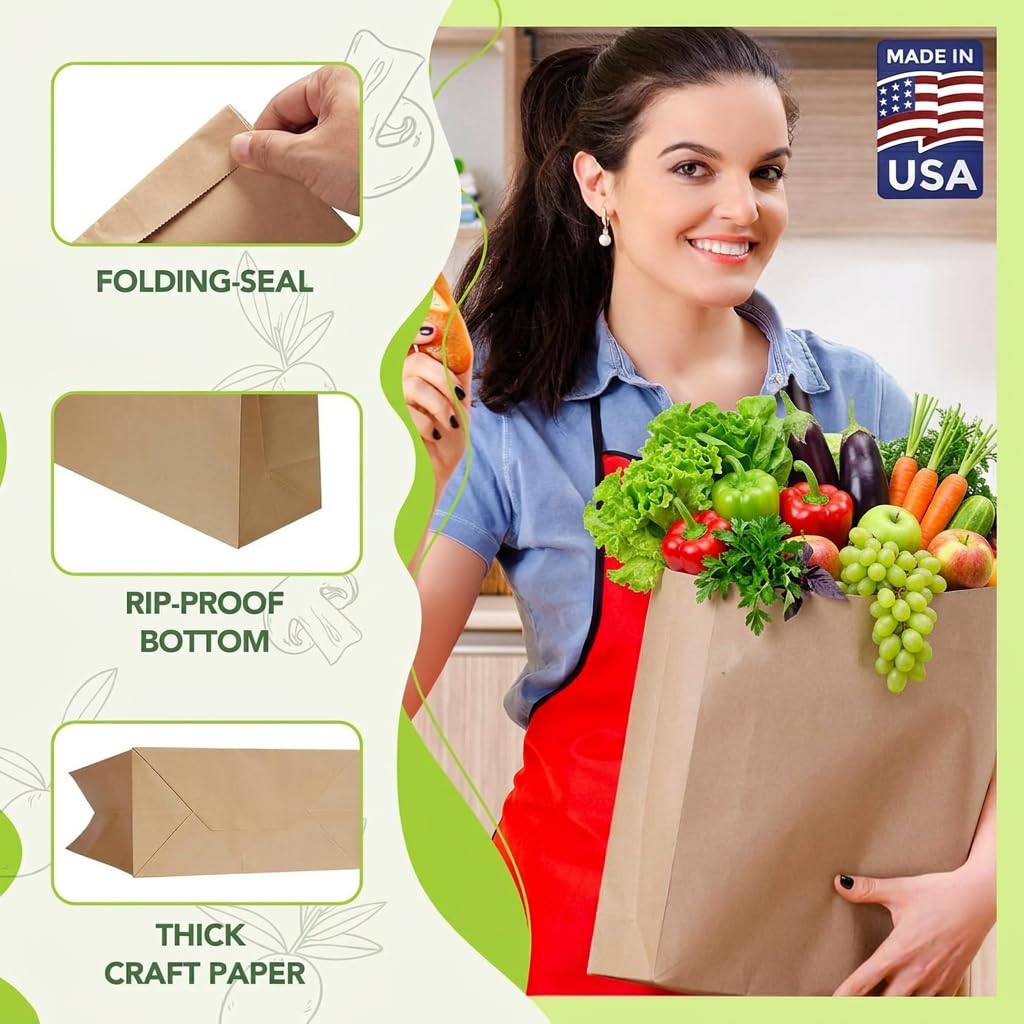 MESHA Paper Grocery Bags 12 x 7 x 17 Inches, 100 Pack Heavy Duty 60 lb Kraft Brown Paper Bags Bulk, Large Grocery Sacks for Shopping, Takeout, Restaurant, Retail, Storage and DIY Crafts