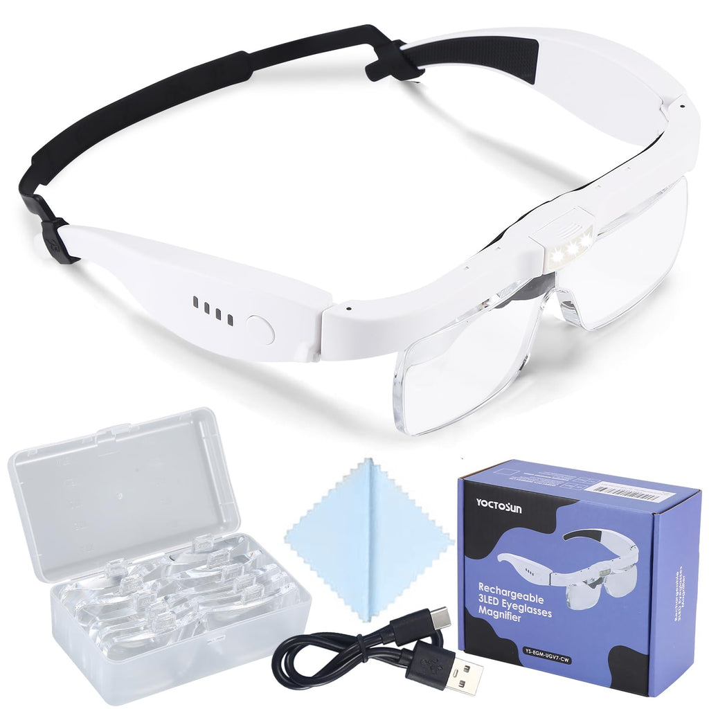 YOCTOSUN Magnifying Glass with Light, 0.75X-4.0X Magnifying Glasses, Head Magnifier Glasses with 3 LED Lights and 5 Lenses, Rechargeable Hands Free Headset Magnifier for Close Work Crafts Jewelry