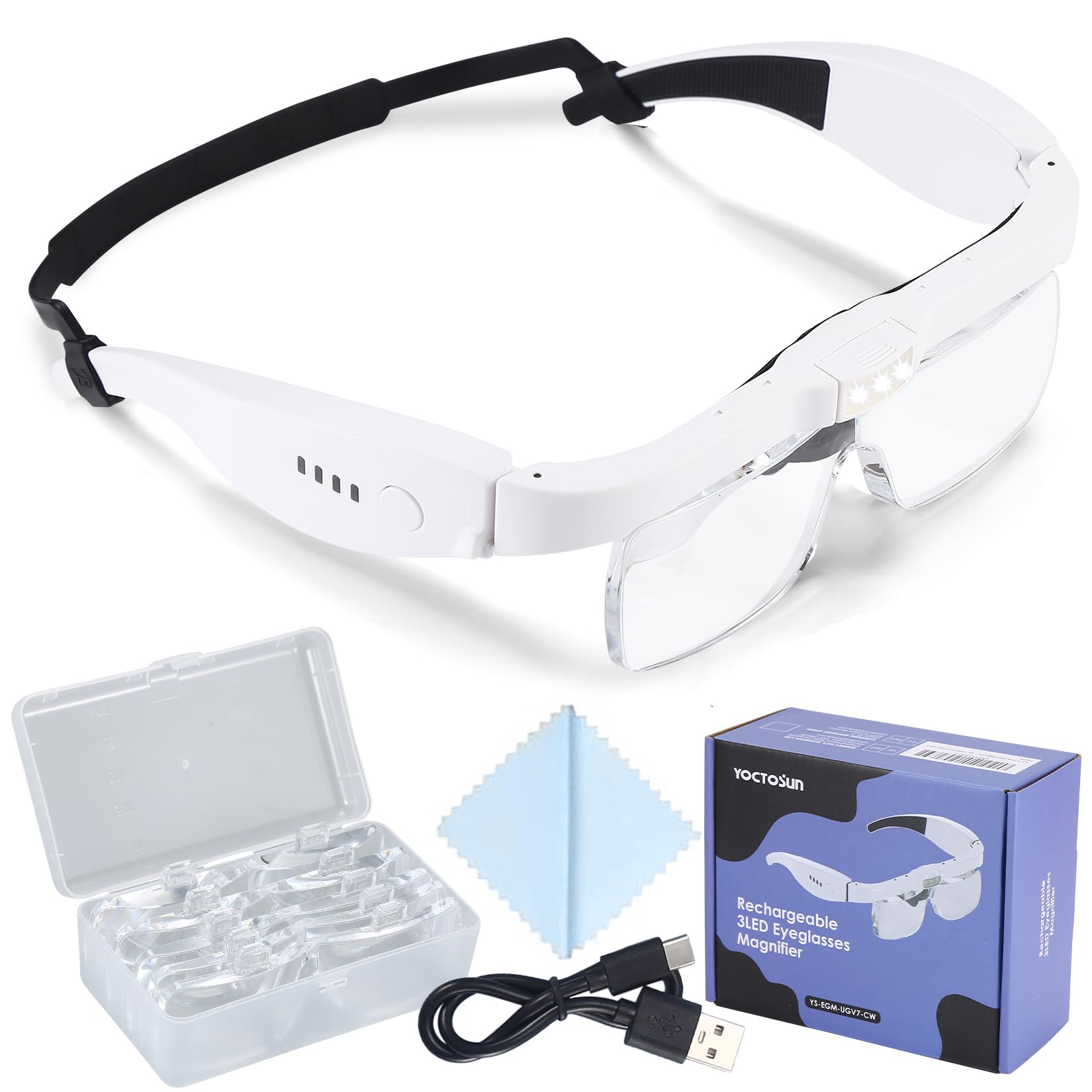 YOCTOSUN Magnifying Glass with Light, 0.75X-4.0X Magnifying Glasses, Head Magnifier Glasses with 3 LED Lights and 5 Lenses, Rechargeable Hands Free Headset Magnifier for Close Work Crafts Jewelry