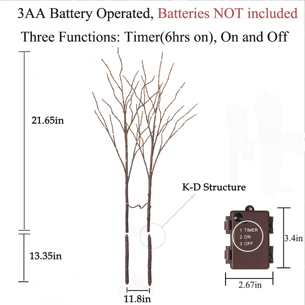 Hairui Lighted Brown Branches Battery Operated with Timer 32IN 100 LED Fairy Lights, Willow Branch Lights for Home Bedroom Fireplace Christmas Holiday Decoration Indoor Outdoor Use (Vase Excluded)