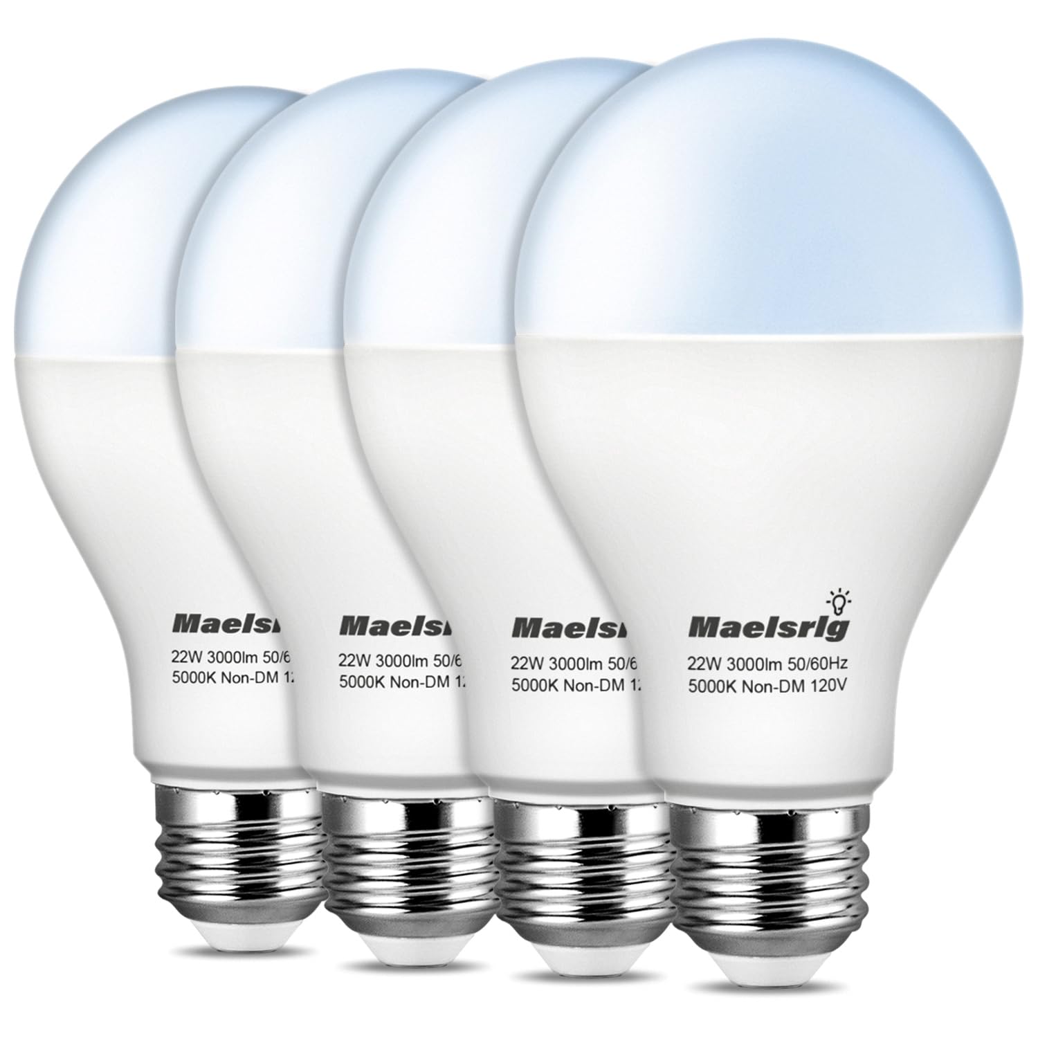 Maelsrlg 200 Watt LED Bulb Equivalent, A21 22W 3000 Lumen LED Light Bulb, Daylight 5000K, Non-Dimmable E26 Medium Base 120V-High Output 200W LED Light Bulbs for Garage, Shop, Warehouse, 4-Pack