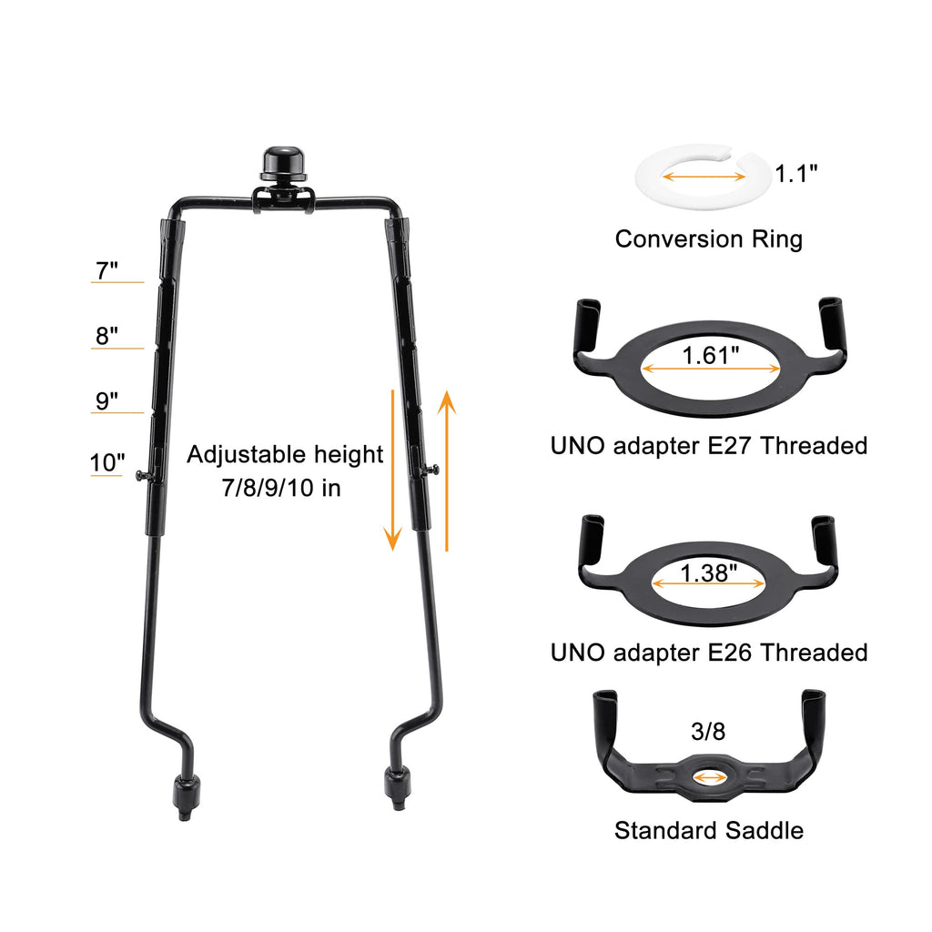 Mornajina 2Packs 7 8 9 10 inch Lamp Shade Harp Holder, Adjustable Lamp Harps and Finals, Fit both Standard Lamp Rod and E26 E27 Light Base UNO Fitter Adapter Converter Finial Set (Black)