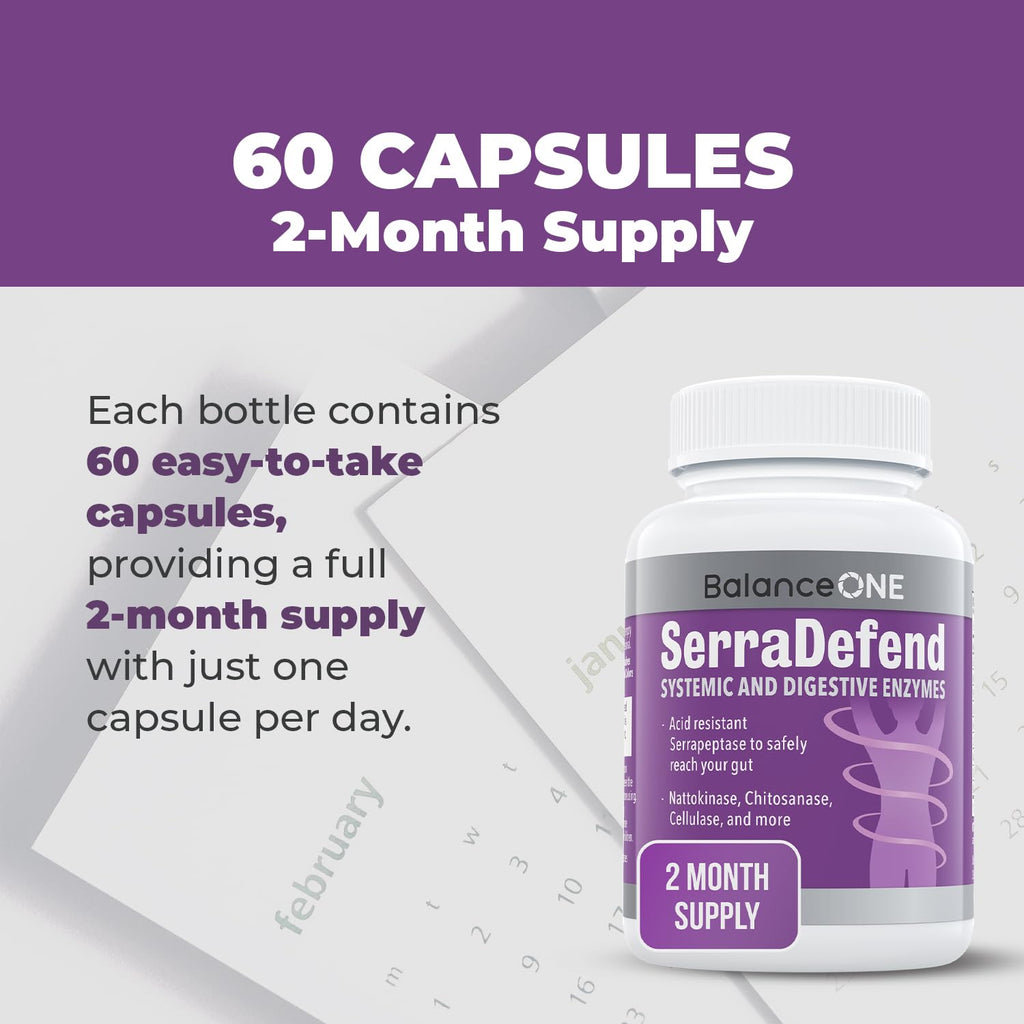 Balance ONE Biofilm Disruptor – Proteolytic Enzymes & Defense Supplement with Serrapeptase & Nattokinase – Systemic & Digestive Support – 60 Capsules, 2 Month Supply – for Women & Men – SerraDefend