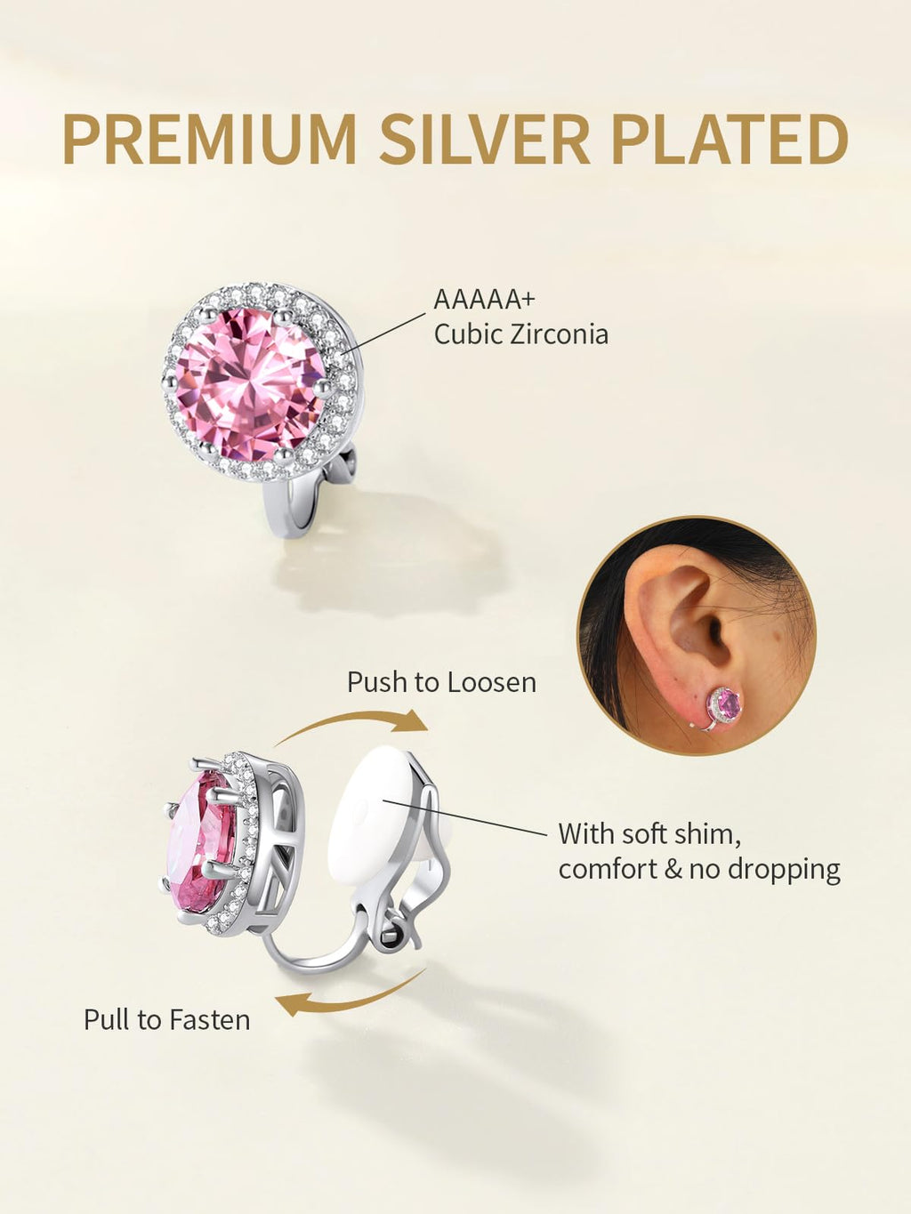 FindChic April Diamond Clip On Earrings for Women Silver Birthstone