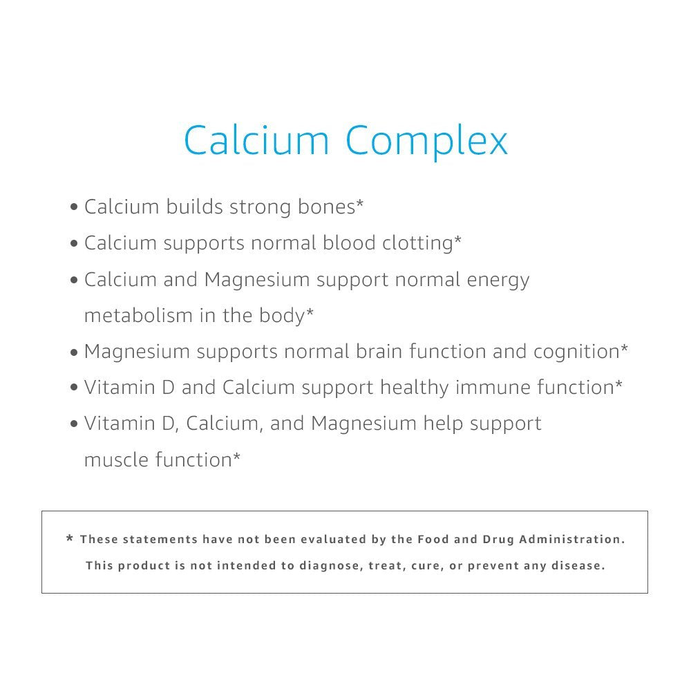 Amazon Elements Calcium Complex, 750mg, Vegan, With Vitamin D₂ and Magnesium, 195 Capsules