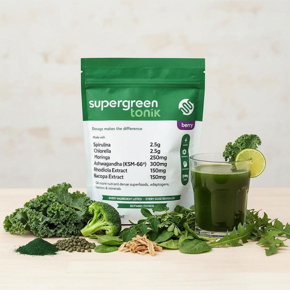 SUPERGREEN TONIK 100% Natural Greens Superfood Powder – Daily Supplement with 40 Superfoods, Vitamins and Minerals – Supports Energy, Stress and Immunity – 30 Days 360 Grams Berry Flavor (1 Bag)