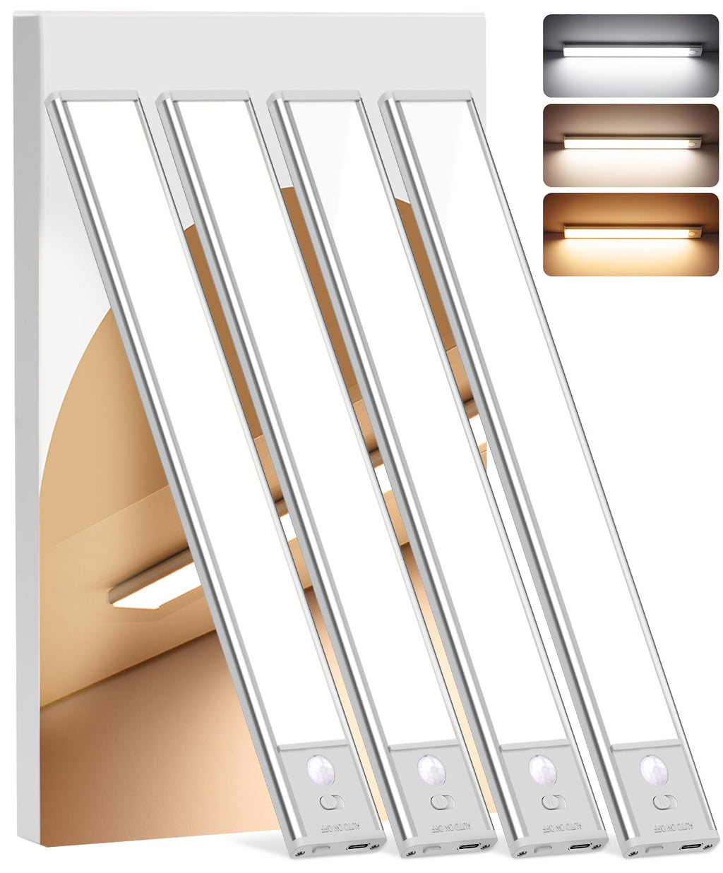 Under Cabinet Lighting Wireless, 4Pack Motion Sensor Light Indoor with 3 Color Temps, Dimmable Closet Lights Battery Operated, LED Magnetic Light, Rechargeable Under Counter Lights for Kitchen Home