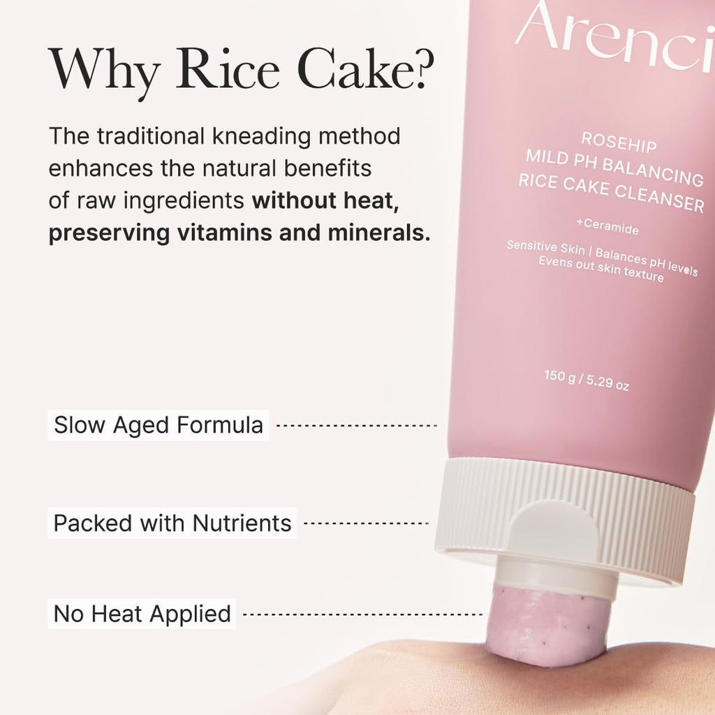 ARENCIA Rosehip Rice Cake Cleanser, pH Balancing Face Wash with Ceramide for Sensitive Skin, 5.29 oz