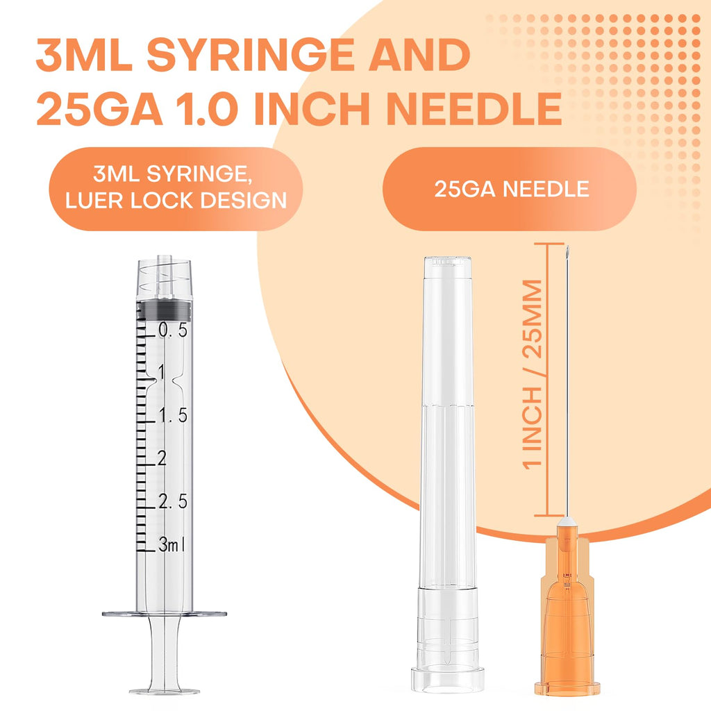 25Pcs 3ml Luer Lock Syringes with 25G 1" Needles, Individually Wrapped