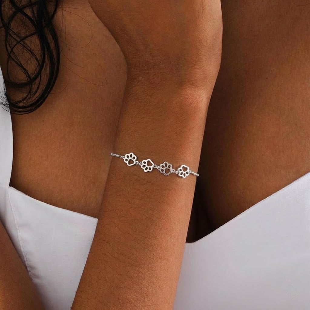 BISAER 925 Sterling Silver Cat Dog Paw Print Charm Bracelet for Women